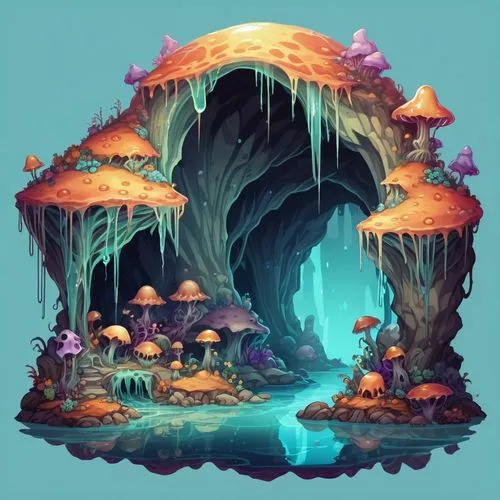 2d side sprite of a jelly colored spooky cave landscape scene, transparent background,an image of a cave with various different things,mushroom island,mushroom landscape,caverns,fairy village,cavernos