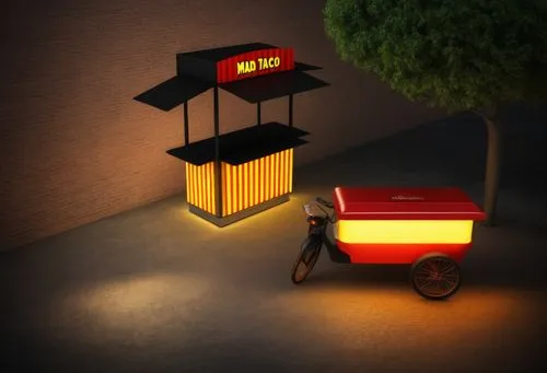 an image of a food cart next to a bike,street lantern,retro lamp,traffic lamp,delivery service,mailbox,pedestrian lights