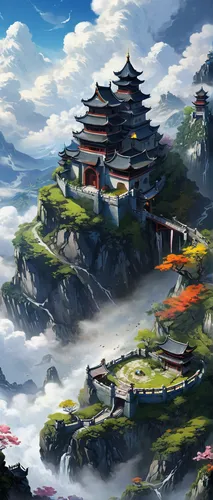 world digital painting,tigers nest,chinese clouds,mountain landscape,japan landscape,mountainous landscape,meteora,south korea,guizhou,high landscape,landscape background,mountain settlement,fantasy landscape,roof landscape,yunnan,mountain scene,yuanyang,mountain village,home landscape,hwachae,Illustration,Realistic Fantasy,Realistic Fantasy 07