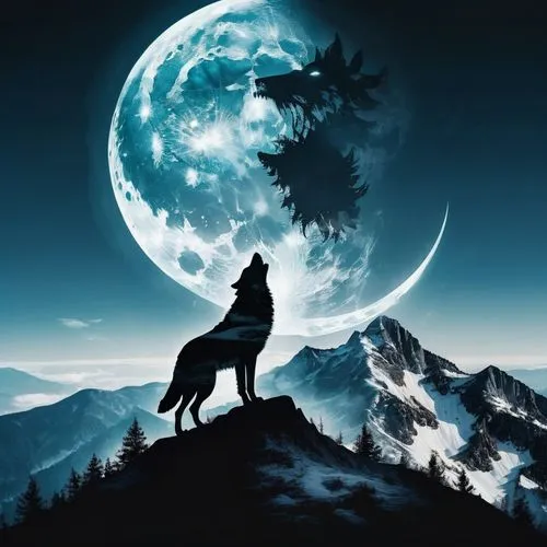 moon and star background,howling wolf,nighthorse,fantasy picture,blue moon,black horse,Photography,Artistic Photography,Artistic Photography 07