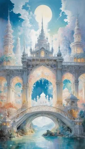 fantasy landscape,dragon bridge,fantasy picture,fantasy city,fantasy world,asian architecture,fantasy art,white temple,water palace,akashic,yamatai,angel bridge,hall of supreme harmony,rainbow bridge,dreamscapes,ancient city,rongfeng,kinkade,temples,shambhala,Conceptual Art,Oil color,Oil Color 18