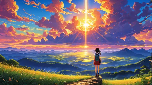 heavenward,bright sun,sun,sky,dreamscape,mountain sunrise,gainax,dream world,world end,the horizon,heaven gate,beautiful wallpaper,horizons,ghibli,would a background,golden sun,hisaishi,rising sun,defend,dubbeldam,Illustration,Japanese style,Japanese Style 05