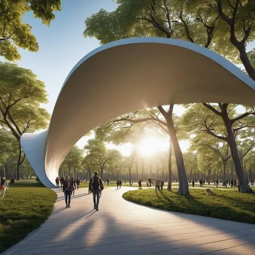 lafayette park,semi circle arch,futuristic architecture,oval forum,round arch,three centered arch,daylighting,sky space concept,musical dome,urban park,moveable bridge,public space,urban design,archidaily,futuristic art museum,amphitheater,3d rendering,futuristic landscape,riverside park,herman park,Photography,General,Realistic