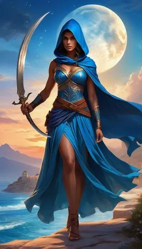 warrior woman,teferi,blue enchantress,niobe,zodiac sign libra,kitana,Illustration,Realistic Fantasy,Realistic Fantasy 01