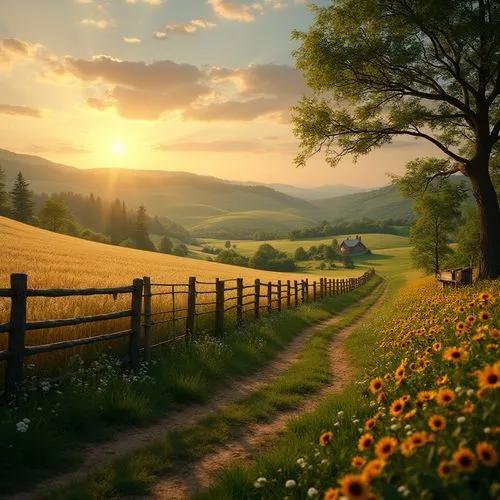 Integrating farmland into design, countryside landscape, vast green fields, rolling hills, rustic wooden fences, farmhouse in the distance, sunset time, warm golden light, soft focus on foreground, de