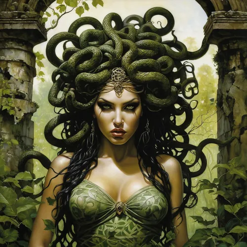 medusa,medusa gorgon,gorgon,anahata,dryad,the enchantress,celtic queen,rusalka,background ivy,cybele,girl in a wreath,fantasy woman,ivy,fantasy portrait,fantasy art,sorceress,siren,serpent,green wreath,tentacle,Illustration,Realistic Fantasy,Realistic Fantasy 10