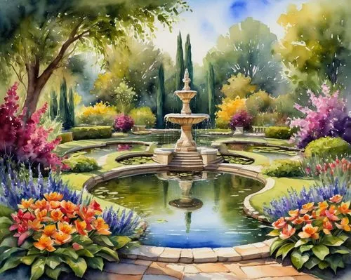 fountain pond,garden pond,garden of the fountain,watercolor background,decorative fountains,gardens,english garden,fountain,nature garden,lafountain,parterre,giardino,rosarium,lilly pond,flower painting,flower garden,garden of eden,lily pond,garden of plants,floral border,Illustration,Paper based,Paper Based 24