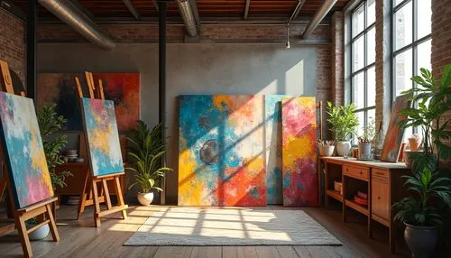 Vibrant modern art studio, eclectic mix of colors, bold brushstrokes, abstract expressionism, textured canvases, wooden easels, artistic supplies, natural light pouring in, industrial chic decor, expo