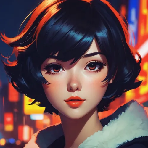 transistor,digital painting,vector girl,girl portrait,persona,two-point-ladybug,fantasy portrait,world digital painting,city ​​portrait,retro girl,portrait background,bob cut,meteora,ladybug,moody portrait,orange eyes,hinata,hong,noodle image,study,Conceptual Art,Fantasy,Fantasy 19