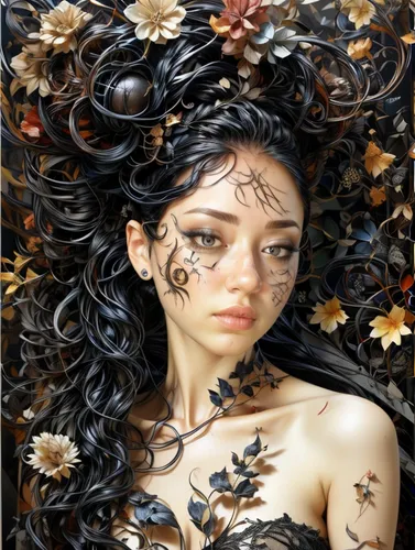 fantasy portrait,girl in a wreath,fantasy art,faerie,fractals art,faery,tiger lily,fallen leaves,dryad,autumn leaves,painted lady,vanessa (butterfly),girl in flowers,bodypainting,fallen petals,mystical portrait of a girl,body painting,dried leaves,rosa ' amber cover,dried petals