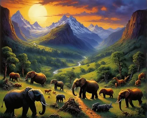 elephant herd,african elephants,elephants,mountain scene,cartoon elephants,serengeti,Illustration,Realistic Fantasy,Realistic Fantasy 32