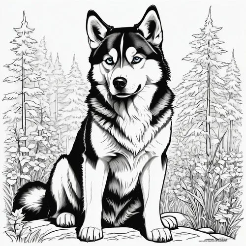 dog illustration,canidae,malamute,balto,atka,huskie,Illustration,Black and White,Black and White 22