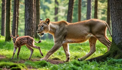 A lioness chases a deer in a forest,deer with cub,spotted deer,common eland,horse with cub,gazelles,deer-with-fawn,kudu,european deer,suckling foal,przewalski,foal,young-deer,young deer,forest animals