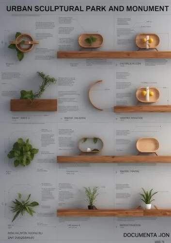 there are two wood shelves with plants on them,decorative fountains,monuments,morphologies,decorative art,urban park,sculptural,Photography,General,Realistic