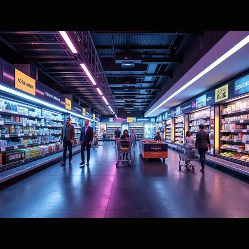 Futuristic grocery store interior, neon-lit shelves, LED lighting strips, holographic advertisements, sleek metal racks, transparent glass walls, minimalist product displays, automated shopping carts,