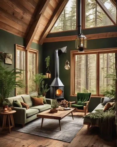 wood stove,sunroom,the cabin in the mountains,woodstove,fire place,scandinavian style,coziest,coziness,cozier,fireplaces,fireplace,pine green,rustic aesthetic,log cabin,sitting room,forest house,log home,warm and cozy,alpine style,wooden beams,Art,Artistic Painting,Artistic Painting 43