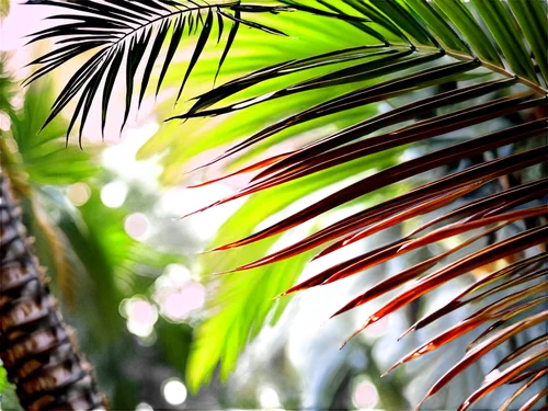 Palm tree, tropical atmosphere, slender trunk, feathery leaves, curved branches, green and brown colors, warm sunlight, soft shadows, close-up shot, 3/4 composition, shallow depth of field, realistic 