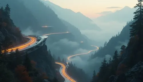 mountain highway,mountain road,mountain pass,alpine drive,winding roads,steep mountain pass,winding road,highways,highway lights,alpine route,highway,reichsautobahn,road to nowhere,light trail,roads,autobahn,bundesautobahn,coquihalla,foggy landscape,long road,Photography,General,Realistic