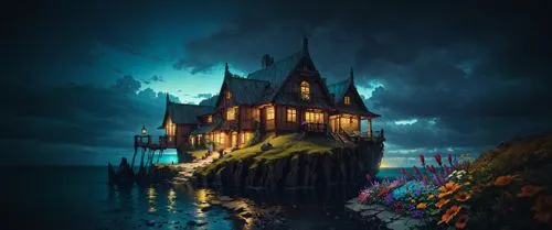 witch's house,house by the water,witch house,ghost castle,haunted castle,fantasy picture,the haunted house,house of the sea,haunted house,fairy tale castle,fairytale castle,house with lake,water castle,fantasy landscape,fantasy art,3d fantasy,lonely house,halloween scene,victorian,house silhouette