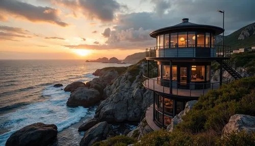 Watchtower on rocky coastline, rugged cliffside, crashing ocean waves, salty sea air, nautical themed architecture, weathered wooden decks, rusty metal railings, lantern-style lighting, circular obser