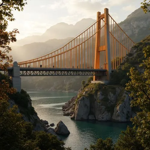 Vibrant suspension bridge, bold orange cables, sleek silver towers, warm golden lighting, misty atmospheric effects, rugged rocky surroundings, serene river waters, lush green vegetation, modern archi