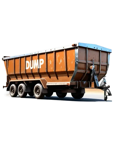 Dump trailer, rusty metal, old-fashioned, vintage style, bold font, 3D emblem, chrome finish, reflective surface, dramatic lighting, low-angle shot, close-up composition, shallow depth of field, warm 