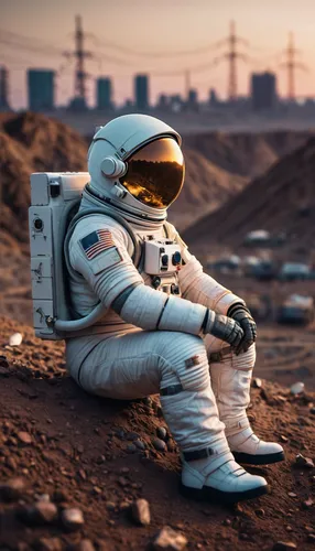 Low angle Cinematic shot of a sad astronaut sitting on a bank. Dusty City in the background. Post apocalyptic vibes. Early night,astronaut suit,mission to mars,spacesuit,space suit,space-suit,astronau