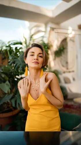 dua lipa,woman eating apple,the gesture of the middle finger,yellow jumpsuit,palm reading,yellow background,commercial,woman holding a smartphone,victoria smoking,lotus with hands,align fingers,cigar,