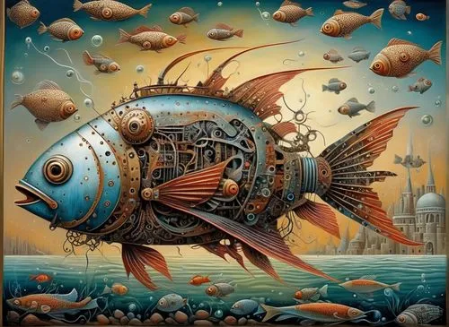 robotic fish in a surrealistyc world,fish-surgeon,nautilus,fish in water,napoleon fish,sea fantasy,blue fish,fish collage,deep sea nautilus,deep sea fish,the fish,underwater fish,the bottom of the sea