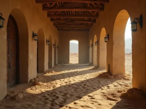 Rustic monastery, brutalist architecture, sandy dunes, weathered stone walls, coarse concrete textures, rough-hewn wooden doors, worn-out lanterns, dimly lit corridors, eerie silence, solemn atmospher