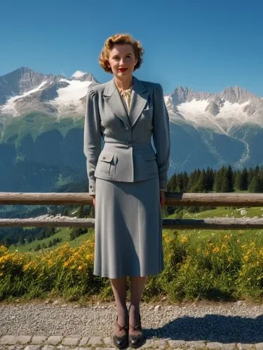 A lady from the 1940s in front of an Alpine backdrop.,a lady that is standing up against a wooden fence,ingrid bergman,mitford,watzmannfrau,fraulein,zetterlund,sound of music,Photography,General,Reali