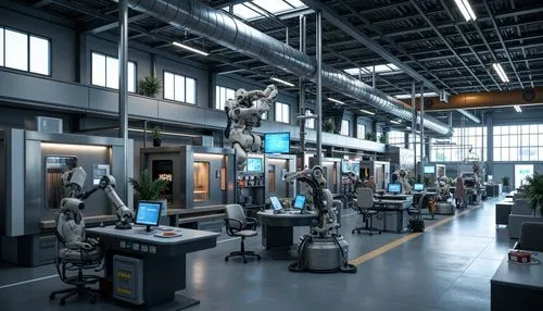 Modern industrial factory, high-tech machinery, metallic surfaces, neon lights, LED displays, futuristic control panels, sleek robotic arms, advanced manufacturing systems, automated production lines,