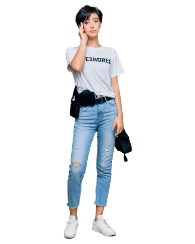 Caseiro, YouTuber, solo, (20yo), short black hair, blue eyes, minimal makeup, casual wear, white graphic t-shirt, distressed denim jeans, black sneakers, holding camera, standing, relaxed posture, nat