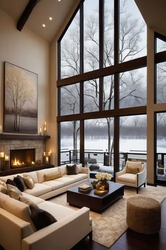 luxury home interior,modern living room,family room,sunroom,interior modern design,living room,beautiful home,livingroom,winter house,fire place,great room,contemporary decor,chalet,sitting room,winter window,snow house,wooden windows,home interior,snowed in,alpine style,Illustration,Abstract Fantasy,Abstract Fantasy 09