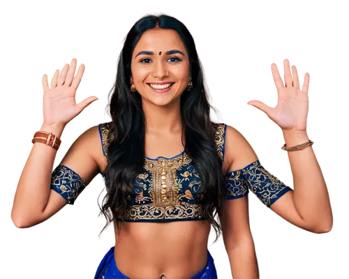 Colorful Indian woman, traditional saree, golden jewelry, bindi on forehead, dark hair, intricate henna designs on hands, bright smile, warm lighting, shallow depth of field, 3/4 composition, vibrant 