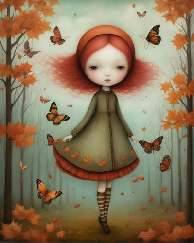 autumn background,autumn cupcake,autumn icon,little girl fairy,autumn idyll,autumn theme,pumpkin autumn,autumn,faerie,faery,autumn day,autumn leaves,child fairy,just autumn,the autumn,autumn leaf,girl with tree,little girl in wind,autumn frame,red butterfly,Illustration,Abstract Fantasy,Abstract Fantasy 06