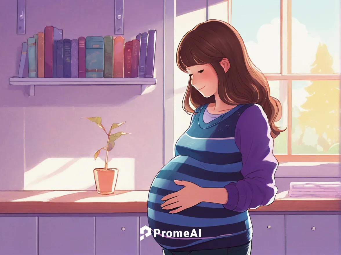 pregnant Frisk, Undertale character, side profile, hands on belly, gentle smile, long brown hair, heart locket, blue and purple striped sweater, comfortable maternity jeans, standing in a room, baby r