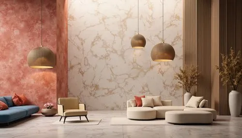 Richly textured background, warm beige tones, soft peach accents, deep blue undertones, vibrant coral highlights, metallic gold details, luxurious velvet fabrics, sleek marble surfaces, modern minimal