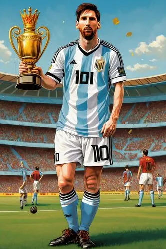 illustration Spanish deck cards style retro, ((Lionel Messi Argentina thsirt soccer)), king crown on the head and a large trophy in the hand, standing pose whole body, background card figure male "sot