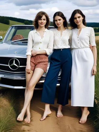 Two barefoot girlfriends pose next to a Mercedes car parked on a country lane.,three girls pose for a picture in front of a vintage car,model years 1958 to 1967,vintage girls,autochrome,mercedeses,mer