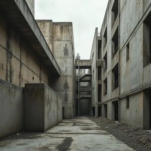 Gritty brutalist architecture, rough concrete textures, industrial materials, weathered steel beams, exposed ductwork, rugged stone walls, minimalist color scheme, muted earth tones, cold grey hues, w