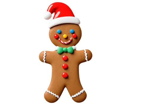 Gingerbread man, clip-art style, colorful, cartoonish, icing details, candy buttons, sweet facial expression, white frosting hair, red hat, festive atmosphere, bright colors, shallow depth of field, c