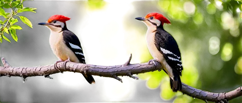 Female woodpecker, perched on tree branch, bright plumage, red cap, black back, white belly, strong beak, round eyes, fluffy feathers, delicate legs, tiny feet, green leaves background, warm sunlight 