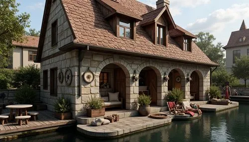 house by the water,annecy,medieval town,boathouse,house with lake,hameau,3d rendering,maisons,rattay,novigrad,render,moated,moated castle,thun,boat house,3d rendered,boathouses,medieval,city moat,pool house