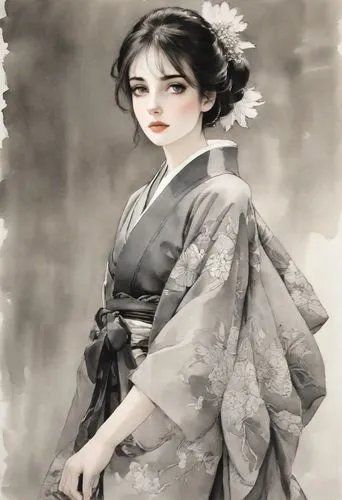 a painting of a woman wearing a kimono,geiko,maiko,geisha,geisha girl,uemura,japanese woman,Digital Art,Ink Drawing