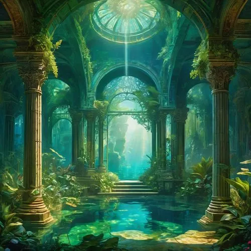 underwater oasis,fantasy landscape,hall of the fallen,alfheim,labyrinthian,arbor,fantasy picture,sanctum,pillars,sanctuary,dandelion hall,aquarium,fairy world,underwater landscape,verdant,sunken church,ancient city,silverglade,mushroom landscape,oasis,Conceptual Art,Fantasy,Fantasy 05