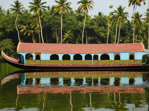 Describe the serene backwaters of Kerala.,kerala porotta,kerala,backwaters,water palace,idiyappam,saman rattanaram temple,boat landscape,cochin,floating restaurant,row boat,long-tail boat,kosambari,pi