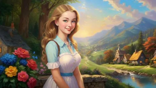 rapunzel,fairy tale character,belle,dorthy,princess anna,eilonwy,fantasy picture,landscape background,dirndl,storybook character,alice in wonderland,children's background,disney character,thumbelina,cinderella,fantasyland,malon,pevensie,vasilisa,disneyfied