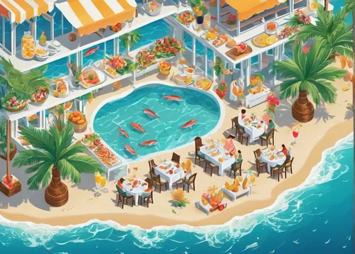 seaside resort,beach restaurant,the hotel beach,beach resort,resort town,beach bar,pool bar,hotel riviera,resort,caribbean beach,holiday complex,umbrella beach,swimming pool,beach chairs,diamond lagoon,holiday villa,varadero,isometric,aruba,curacao,Unique,3D,Isometric