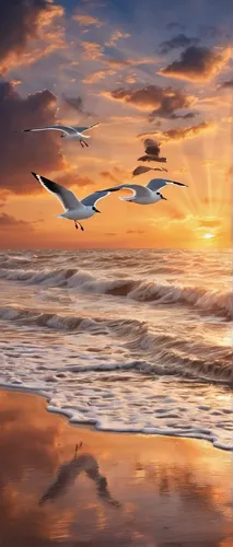 Imagine a romantic sunset on a deserted beach, with black-headed gulls soaring in the sky, creating a breathtaking backdrop.,seagull in flight,flying sea gulls,gulls,fairy tern,flying tern,sea gulls,s